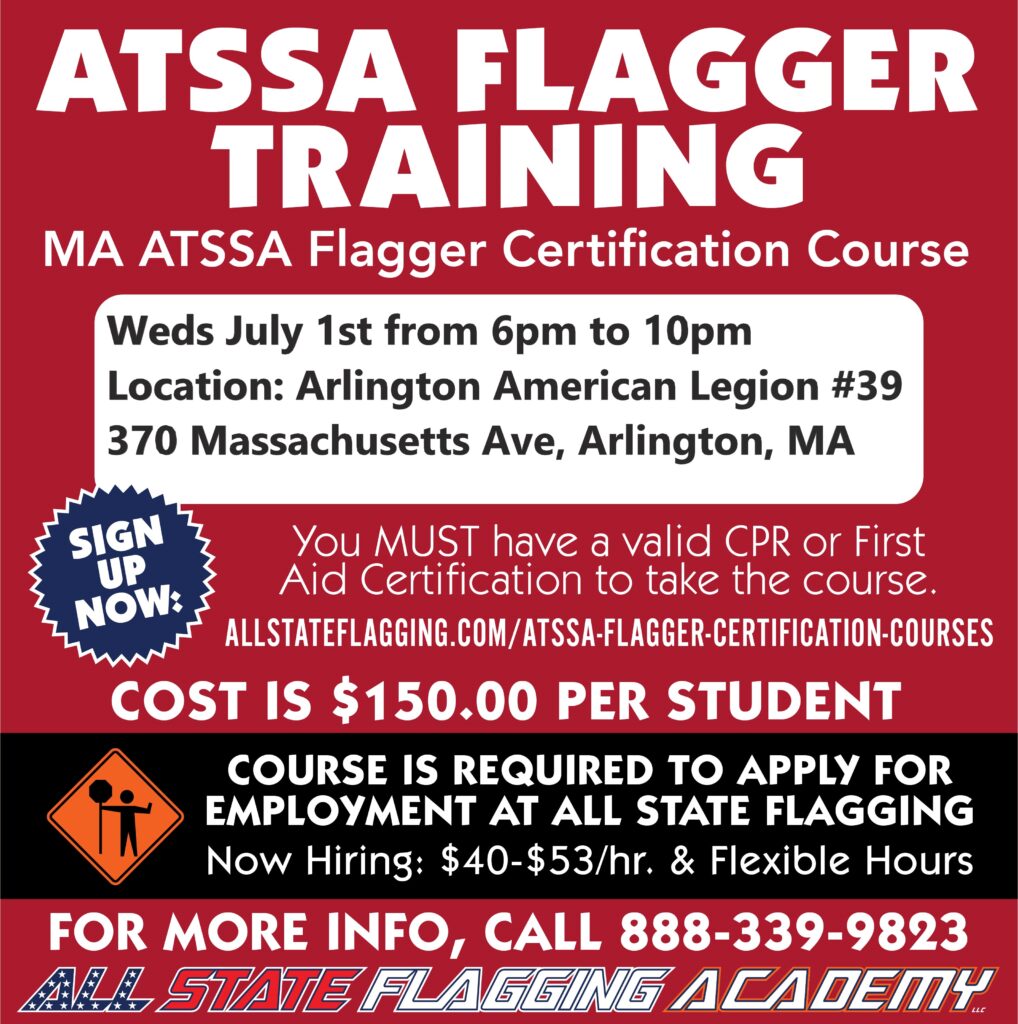 Red poster advertising ATSSA Flagger Training with course details and location on a white rounded box.