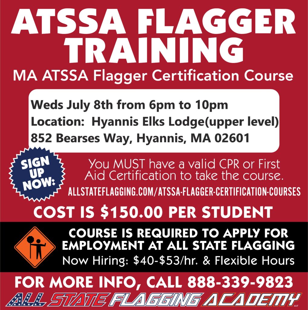 Red promotional poster for ATSSA Flagger Training announcing the certification course and sign-up details (dates, location, and contact).