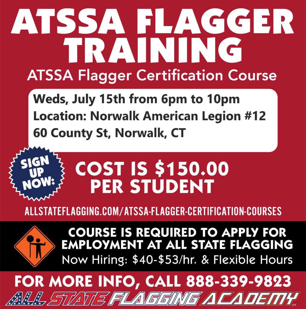 Promotional poster for ATSSA Flagger Training with course date, location, and price details (sign-up now badge visible).