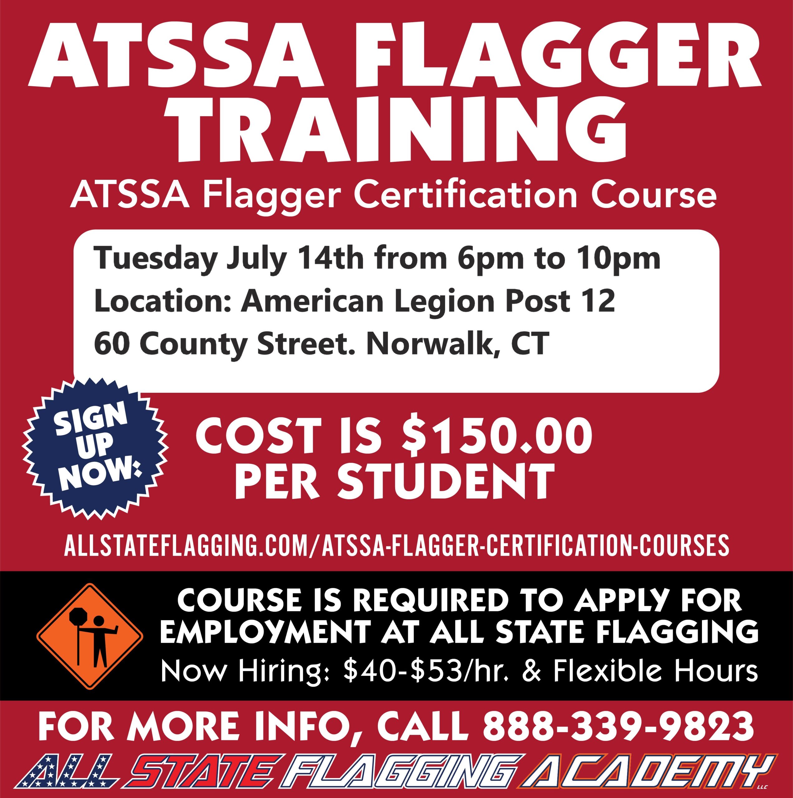 Red promotional flyer for ATSSA Flagger Training with course date, location, and cost details visible on the poster.