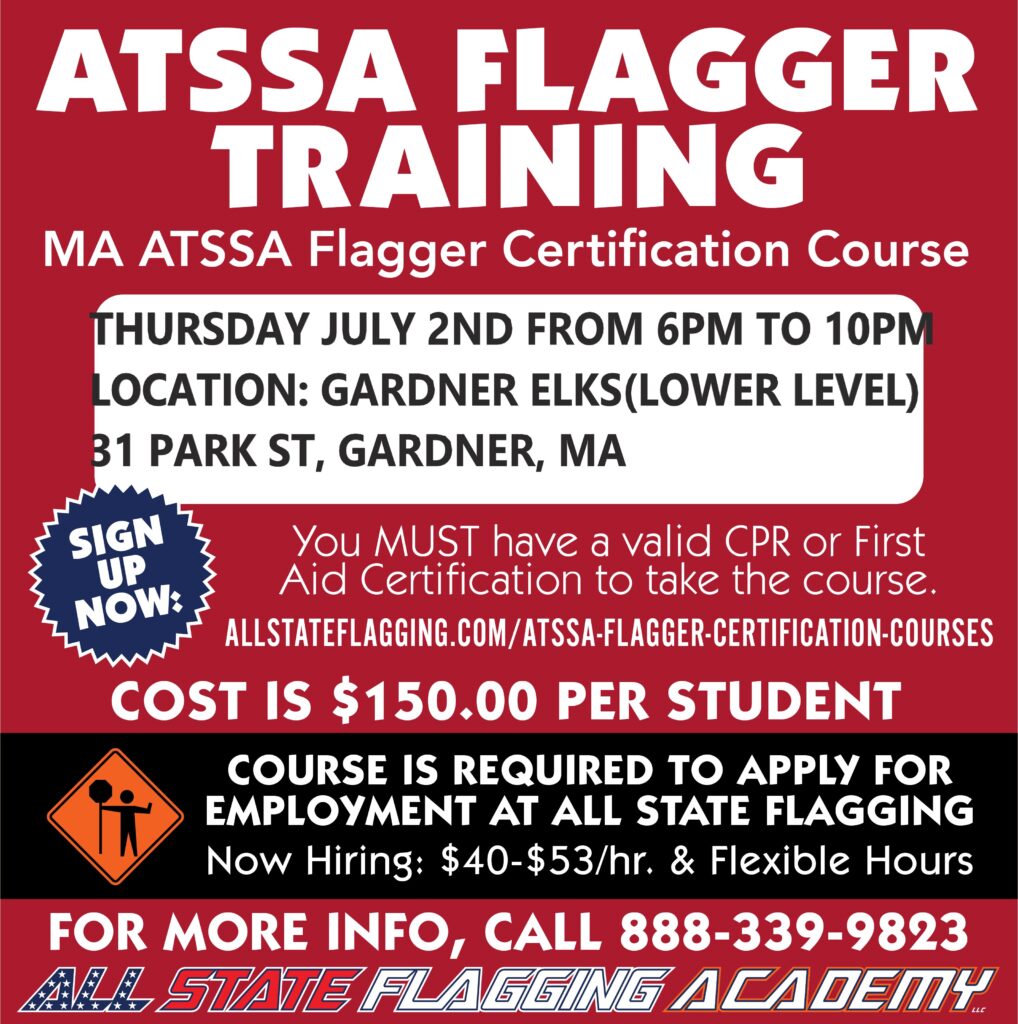 Red promotional poster for ATSSA Flagger Training, stating course details and location (Gardner, MA) with sign-up information.